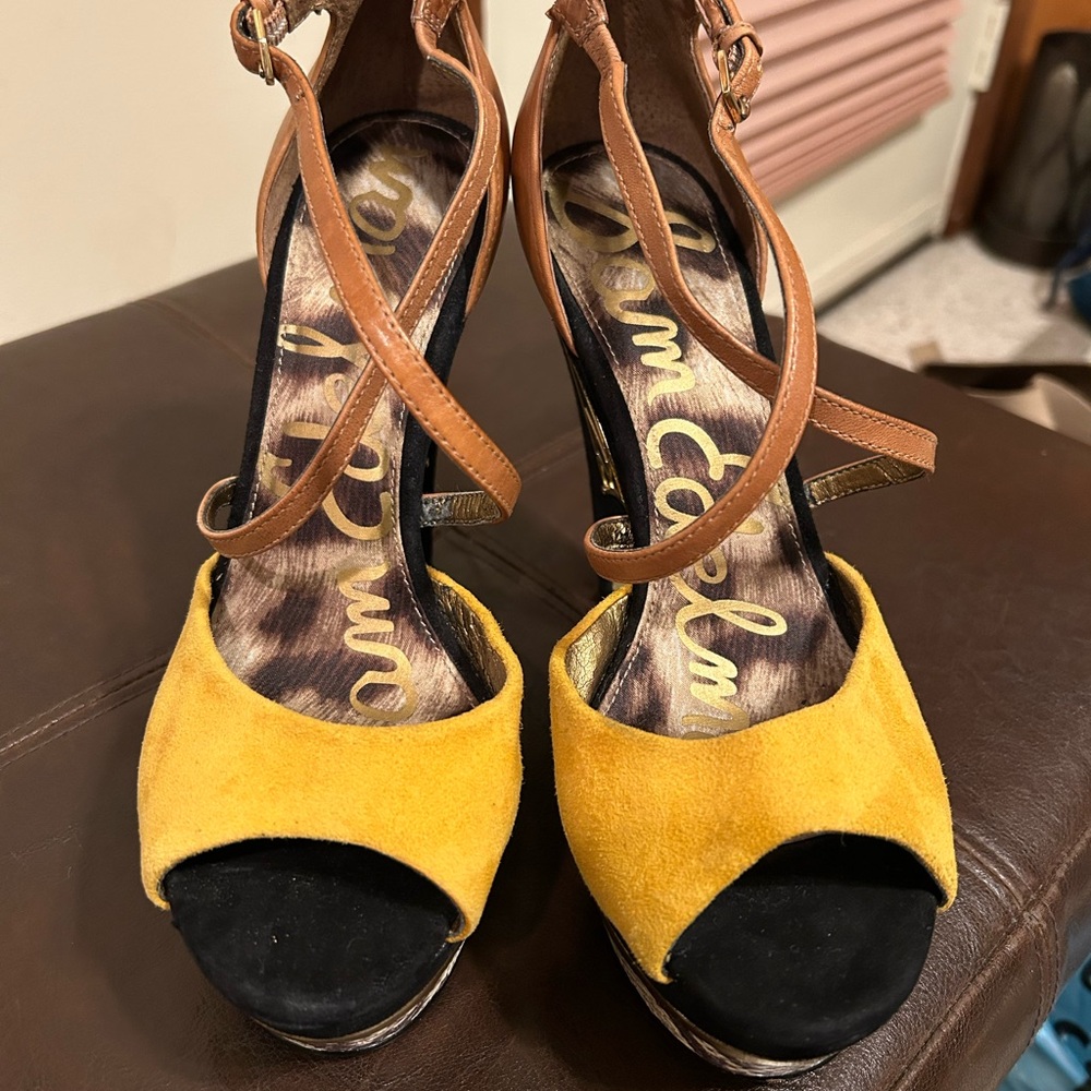 Sam Edelman Gold and Black Suede with Snakeskin Platform Heels Size 7M - Picture 4 of 11